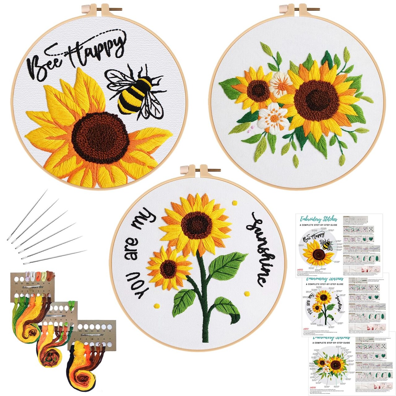 Louise Maelys 3 Sets Sunflowers Embroidery Kit for Beginners,Cross Stitch Kits for Adults with Summer Flowers Bee Stamped Pattern,Starters Needlepoint with Embroidery Instruction